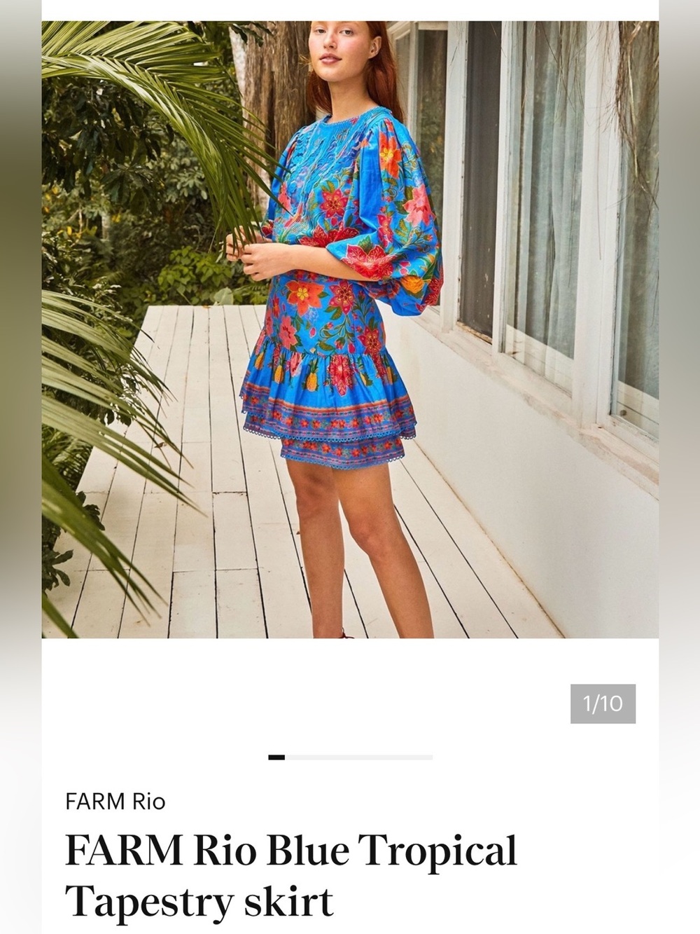 FARM Rio Blue Floral Tiered Mini skirt with Pink-Red Flowers